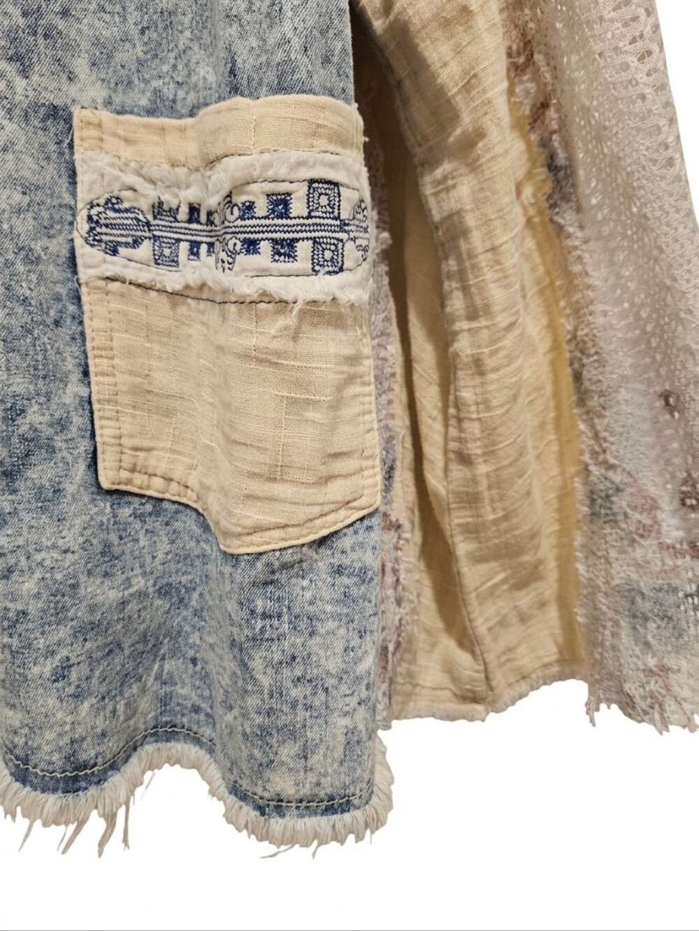 POL Patchwork Boho Crochet Lace Fringe Open Front Jacket - Medium - Picture 4 of 8